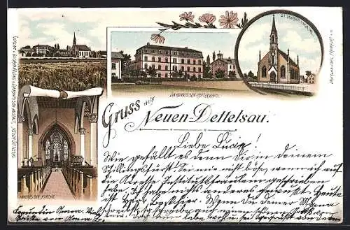 Lithographie Neuendettelsau, St. Laurentiuskirche, Innenansicht, Diakonissen-Mutterhaus