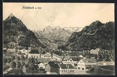 Künstler-AK sign. Hans Pernat: Fischbach a. Inn, Teilansicht mit Kirche