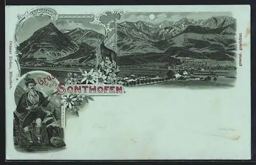 Mondschein-Lithographie Sonthofen, Panorama, Burgberg mit Grünten, Jäger