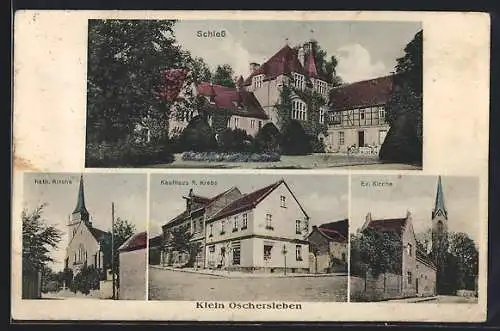 AK Oschersleben, Kaufhaus R. Krebs, Schloss, ev. und kath. Kirche