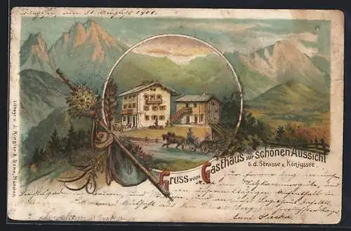 Lithographie Königssee / Berchtesgaden, Gasthaus zur schönen Aussicht a. d. Strasse zum Königssee, Bergpanorama