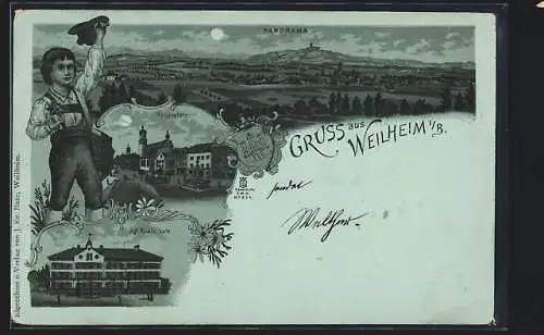 Mondschein-Lithographie Weilheim / Oberbayern, Panorama, Königliche Realschule, Hauptplatz