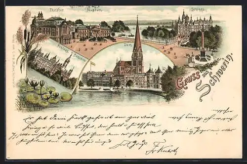 Lithographie Schwerin / Mecklenburg, Theater & Museum, Schloss, Dom