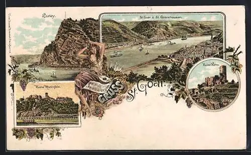 Lithographie St. Goar, Panorama mit St. Goarshausen, Ruine Katz, Ruine Rheinfels