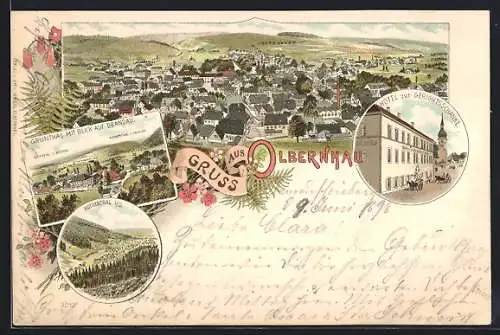 Lithographie Olbernhau, Hotel zur Gerichtsschänke, Grünthal mit Blick auf Brandau und Rothenthal, Teilansicht