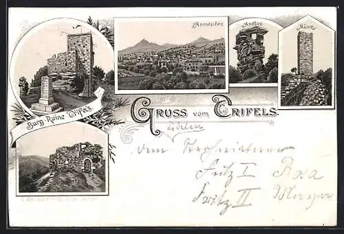 Lithographie Annweiler, Burg-Ruine Trifels, Ortsansicht, Münz