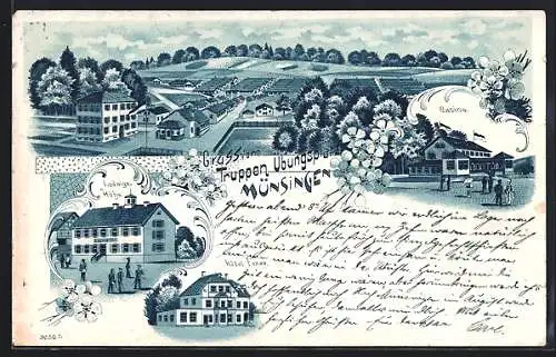 Lithographie Münsingen, Gesamtansicht Truppenübungsplatz, Hotel Fezer, Casino