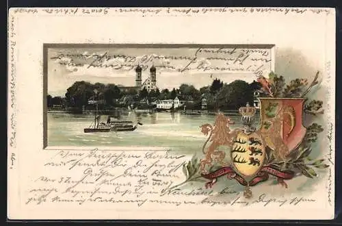 Passepartout-Lithographie Friedrichshafen, Totalansicht mit Wappen und Goldverzierungen