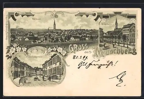 Lithographie Münchberg / Obfr., Lindenstrasse, Obere Ludwigstrasse, Totalansicht