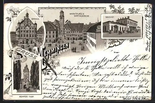 Lithographie Memmingen, Rathhaus, Marktplatz und Martinskirche, Kempter-Thor, Bahnhof