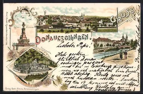 Lithographie Donaueschingen, Schützenbrücke und Stadtkirche, Donauquelle, Kaiser-Brunnen