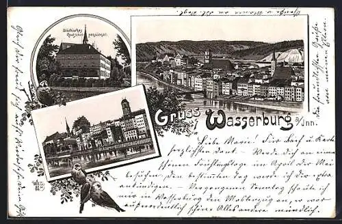 Lithographie Wasserburg a. Inn, Ortsansicht, Städtisches Realschulpensionat