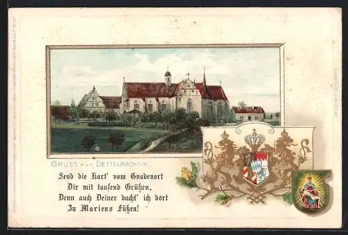 Passepartout-Lithographie Dettelbach a. M., Ortspartie mit Kirche, Wappen