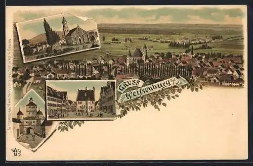 Lithographie Weissenburg a. S., Marktplatz, Burg, Gesamtansicht mit Fernblick