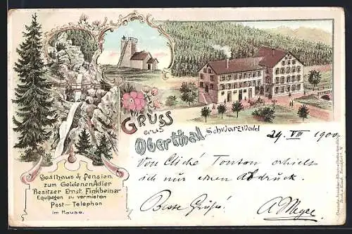 Lithographie Oberthal /Schwarzwald, Gasthaus-Pension zum Goldenen Adler E. Finkbeiner, Aussichtsturm-Gebäude