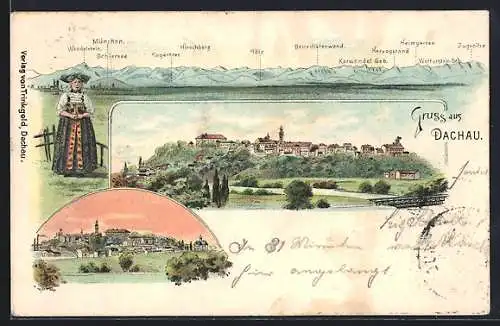 Lithographie Dachau, Ortsansicht mit Brücke, Dachauerin, Gebirgspanorama