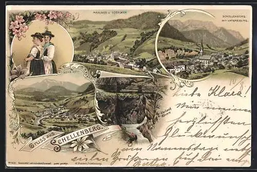 Lithographie Schellenberg / Obb., Panorama mit Untersberg, Almbachklamm, Mahlweg und Götschen