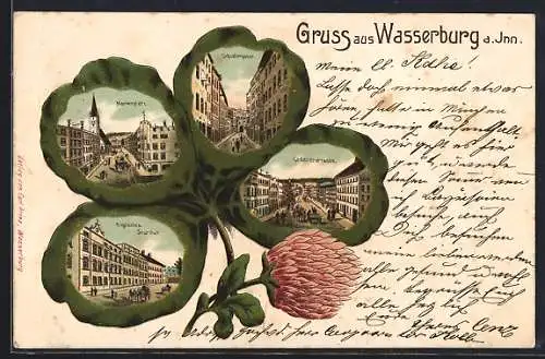 Passepartout-Lithographie Wasserburg a. Inn, Engl. Institut, Ledererstrasse, Marienplatz und Schustergasse im Kleeblatt