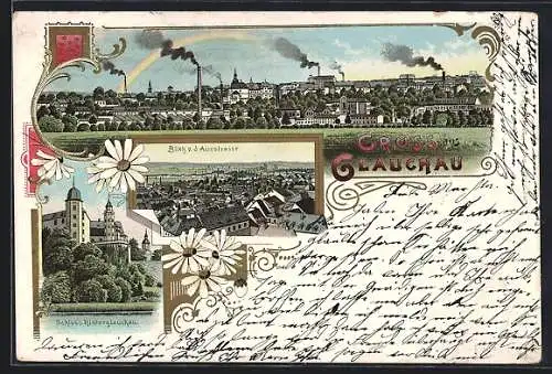 Lithographie Glauchau, Schloss Hinterglauchau, Blick v. d. Auestrasse, Wappen, Ortsanorama