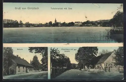 AK Görbitsch, Pfarrhaus mit Strasse, Schule, Totalansicht mit See