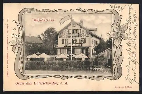 AK Unterschondorf a. A., Gasthof am See, Ornament-Rahmen