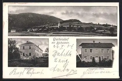 AK Grattersdorf, Cooperator-Haus, Schulhaus, Ortsansicht mit Büchelstein