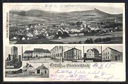 AK Oberviechtach, Amtsgericht, Bahnhof, Marktplatz, Ortsansicht