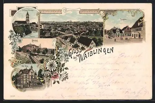 Lithographie Waiblingen, Bahnhof, Villa Hess, Äussere Kirche