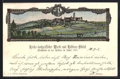 Künstler-AK Kirchheim / Teck, Ortsansicht mit Residenz-Schloss im Jahre 1802, Schmuckrahmen mit Wappen