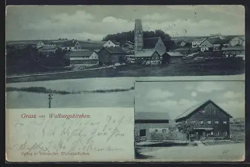 Mondschein-AK Walburgskirchen, Bauernhaus mit Scheune, Gesamtansicht mit Landstrasse