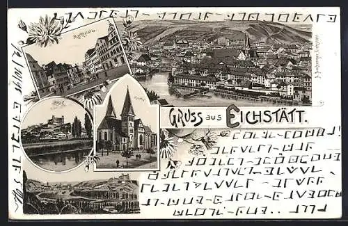 Lithographie Eichstätt, Marktplatz mit Dom und Burg