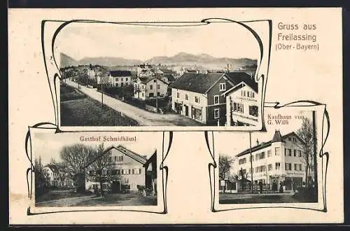 AK Freilassing /Obb., Gasthof Schmidhäusl, Kaufhaus G. Willi, Teilansicht mit Strasse