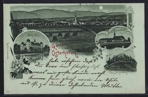 Mondschein-Lithographie Osterhofen / Ndby., Damenstift-Kloster, Schloss Moos, Gesamtansicht