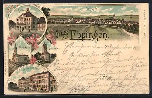 Lithographie Eppingen, Hotel zur Krone Post, Rathaus, Totalansicht