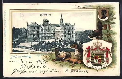 Passepartout-Lithographie Coburg, Die Ehrenburg, Wappen