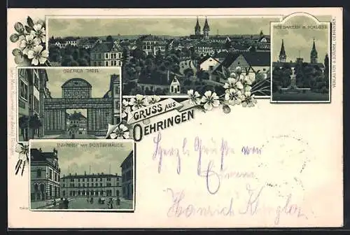 Lithographie Oehringen, Bahnhof u. Post, Oberes Tor, Teilansicht