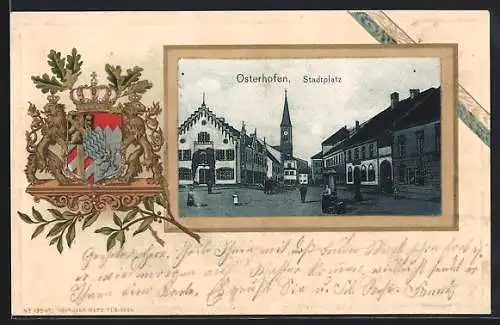 Passepartout-Lithographie Osterhofen / Ndby., Stadtplatz, Wappen mit Krone, Eichen- u. Lorbeerblättern