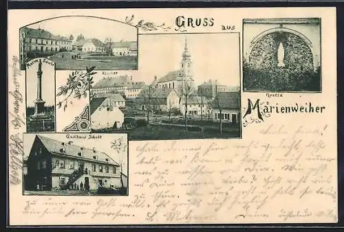 AK Marienweiher, Gasthaus Schott, Kloster, Mariensäule und Grotte