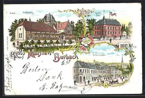 Lithographie Burbach / Saarbrücken, Breite-Strasse, Stadtpark und Kaiserliche Post