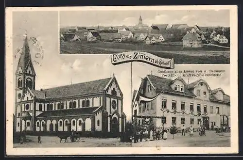 AK Zimmern ob Rottweil, Gasthaus zum Löwen von A. Baumann, Kirche und Ortsansicht