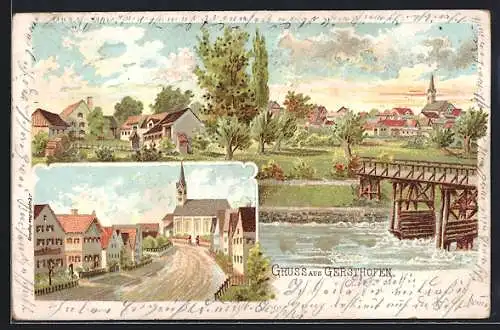 Lithographie Gersthofen, Teilansicht, Strassenpartie mit Kirche