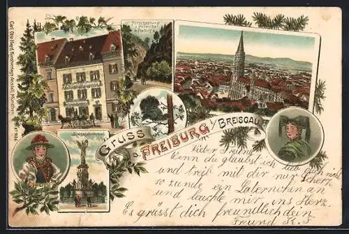 Lithographie Freiburg i. Br., Restaurant von Heinrich Fischer, Siegesdenkmal, Auerhahn, Stadtpanorama