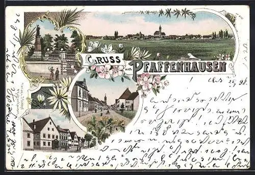 Lithographie Pfaffenhausen / Schwaben, Ortsansicht, Strassenpartie, Denkmal