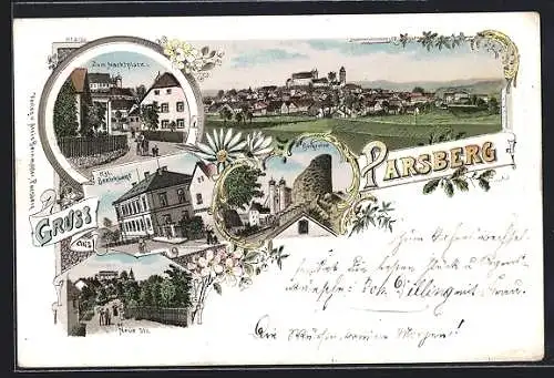 Lithographie Parsberg / Oberpf., Burgruine, Neue Strasse, Kgl. Bezirksamt, zum Marktplatz