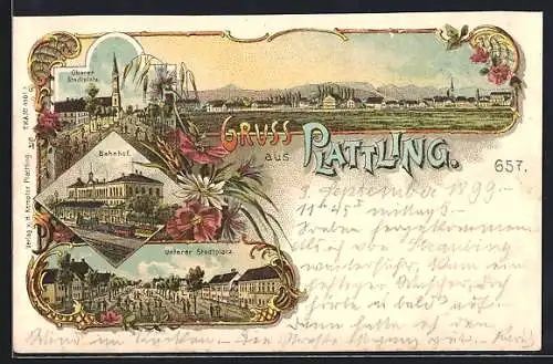 Lithographie Plattling, Ortspanorama, Oberer und Unterer Stadtplatz, Bahnhof