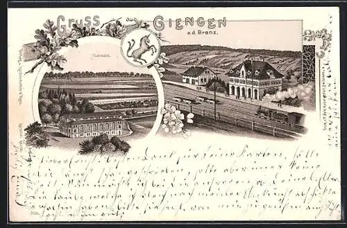 Lithographie Giengen a. d. Brenz, Bahnhof und Turnhalle