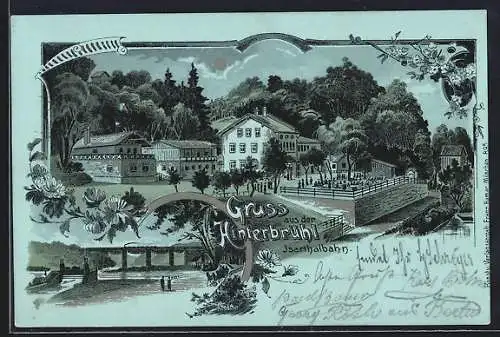 Mondschein-Lithographie München-Hinterbrühl, Restaurant von Ferd. Gerbl., Isarthalbahn