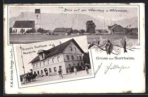 AK Surheim, Griessls Gasthaus z. Neuwirth, Blick auf den Untersberg und Watzmann