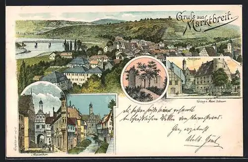 Lithographie Marktbreit, Mainthor, Rathaus und Panorama