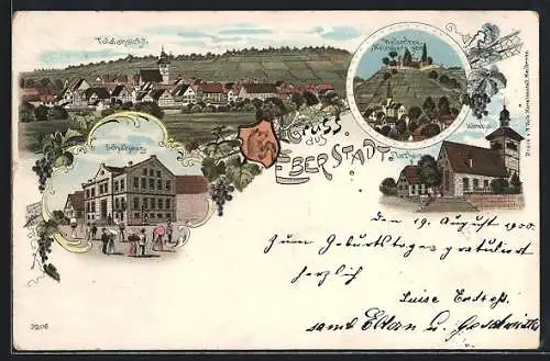 Lithographie Eberstadt / Württ., Schulhaus, Weibertreu gesehen v. Weinsberg, Pfarrhaus, Kirche